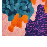 Top view of the Ember Horizon Fusion Hand Tufted Wool Area Rug featuring an abstract design with vibrant colors including orange, blue, pink, and purple, creating a modern and artistic pattern.