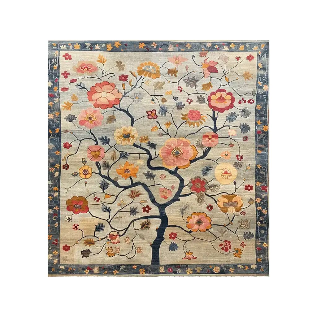 Top view of the Ember Petals Knotted Wool Rug, featuring a vibrant floral design with intricate patterns and warm colors, perfect for adding a touch of elegance to any area rug setting.