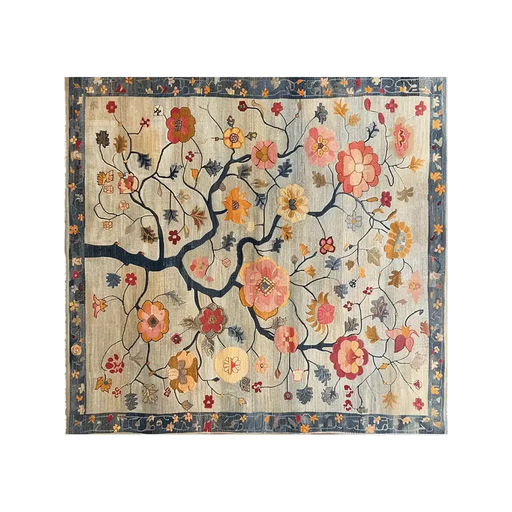 Top view of the Ember Petals Knotted Wool Area Rug featuring a vibrant floral pattern with blooming petals and intricate branches on a blue and beige background. The rug is bordered with a complementary floral design, adding elegance to any room.