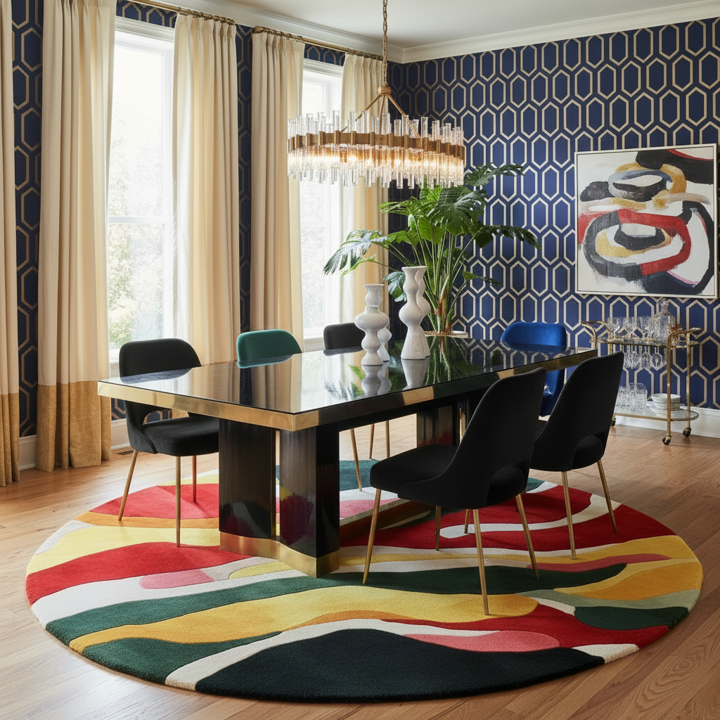 Modern dining room with a colorful rug, black chairs, and a blue wall with geometric pattern.