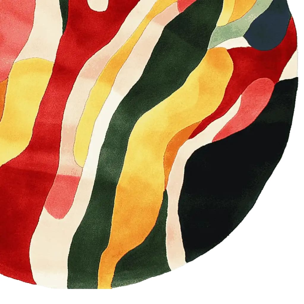 This vibrant, round wool area rug features a contemporary design with bold, abstract patterns in red, yellow, green, and black. Perfect for adding a modern touch to large living rooms, this hand-tufted rug combines style and comfort, making it an ideal choice for those seeking unique rugs for living room spaces.