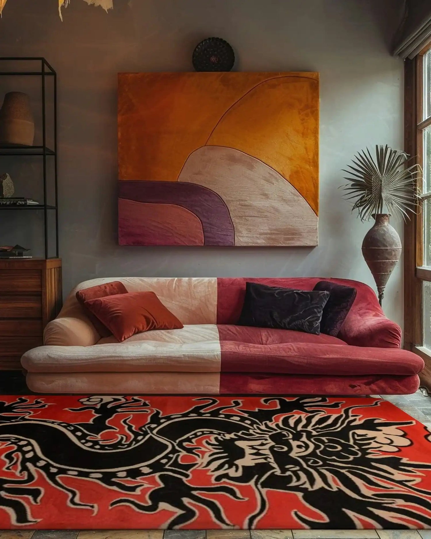 A vibrant Emberstorm Dragon Hand Tufted Area Rug in a cozy room setting. The rug, with its striking dragon design, adds a bold touch to the office or bedroom. Its warm colors complement the plush sofa and abstract wall art, making it an ideal wool rug for office spaces or as a bedroom area rug.