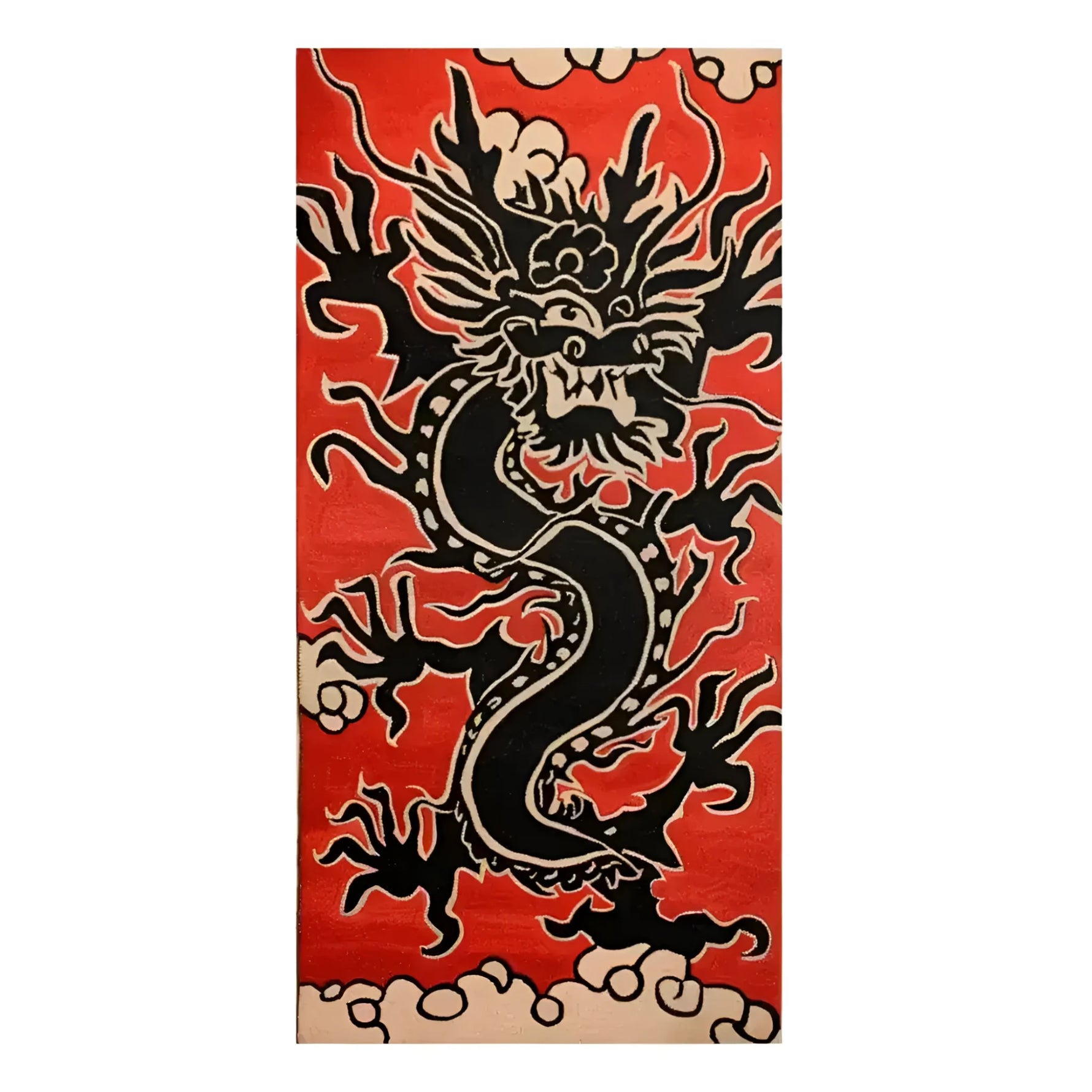 Vibrant Emberstorm Dragon Hand Tufted Area Rug featuring a bold black dragon design on a fiery red background. Perfect for adding a statement piece to your office or bedroom. This wool rug combines artistic flair with luxurious comfort, ideal for those seeking unique rugs for office spaces or bedroom area rugs.