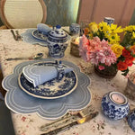Embroidered Placemats with Beaded Detail in pale blue, scalloped edge with white dot embroidery, styled with chinoiserie plates