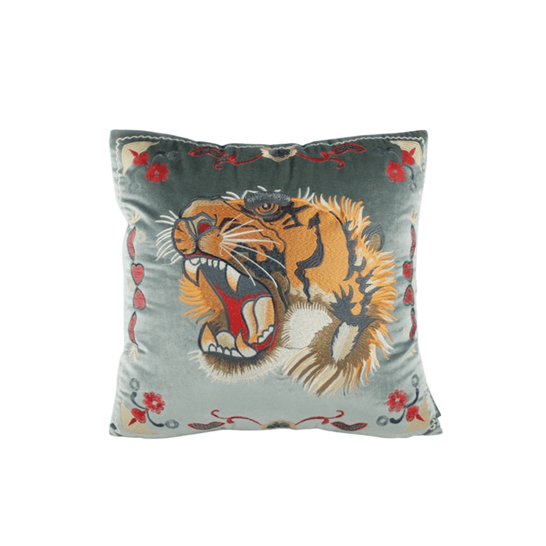 Embroidered Screaming Tiger Decorative Throw Pillow Cover - Gray