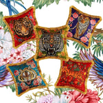 Colorful embroidered tiger head throw pillow covers with fringes, featuring various tiger designs and floral accents.