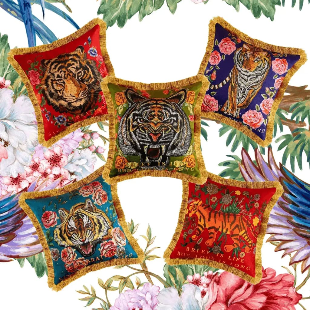 Colorful embroidered tiger head throw pillow covers with fringes, featuring various tiger designs and floral accents.