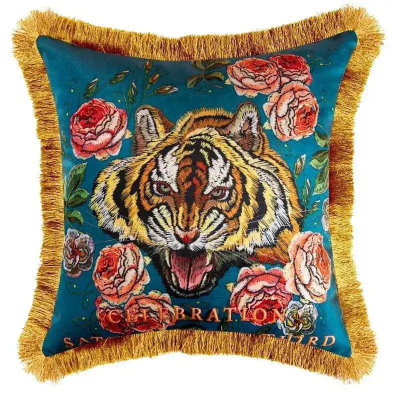 Vibrant embroidered tiger head throw pillow cover with floral accents and fringes, perfect for adding a bold statement to your home decor.