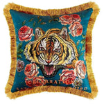 Vibrant embroidered tiger head throw pillow cover with floral accents and fringes, perfect for adding a bold statement to your home decor.