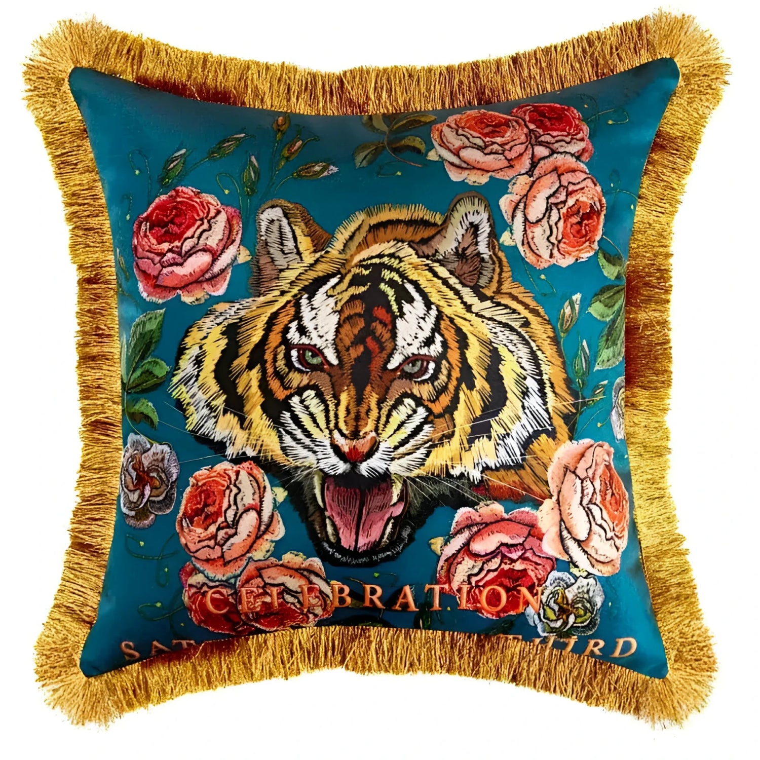 Embroidered Tiger Head Throw Pillow Covers with Fringes Blue 18" - MAIA HOMES