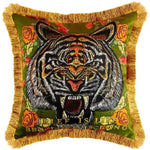 Embroidered tiger head throw pillow cover with fringes and floral design