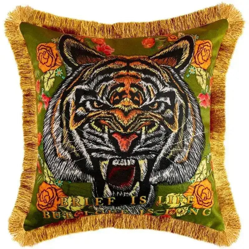 Embroidered tiger head throw pillow cover with fringes and floral design