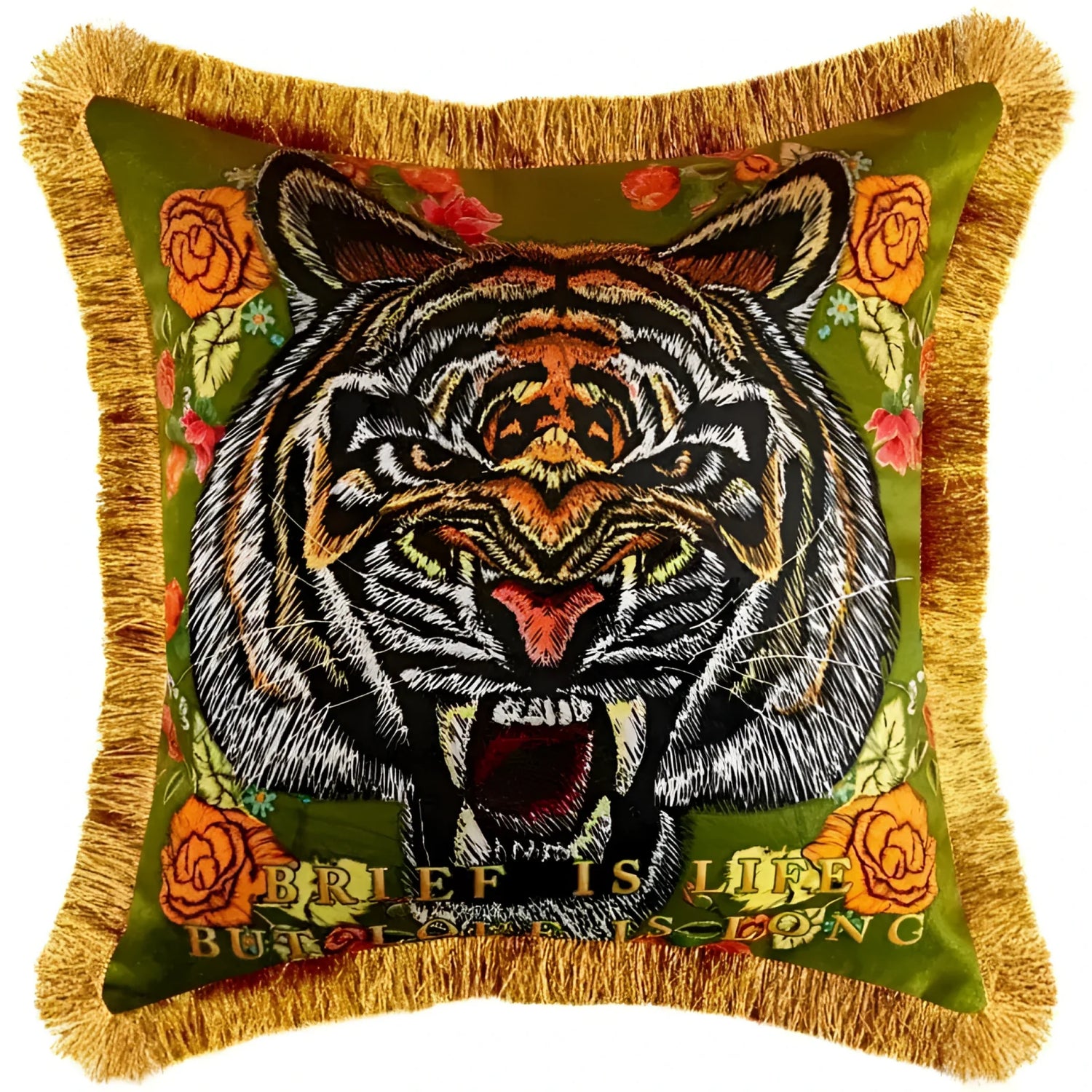 Embroidered tiger head throw pillow cover with fringes and floral design