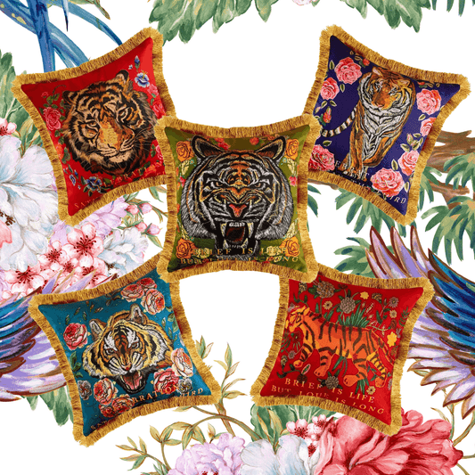 Embroidered Tiger Head Throw Pillow Covers with Fringes - MAIA HOMES