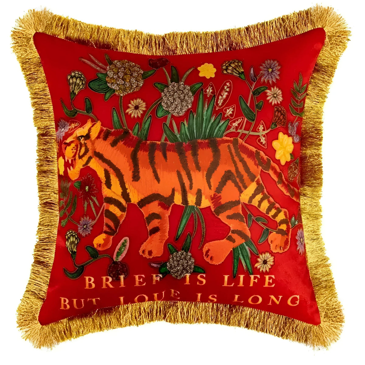 Embroidered throw pillow featuring a tiger design with floral accents and fringes, perfect for adding a vibrant touch to home decor.