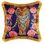 Embroidered throw pillow featuring a vibrant tiger head design surrounded by roses and adorned with fringes.