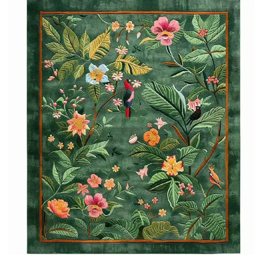 Beautiful Emerald Garden Hand Tufted Area Rug featuring a lush floral pattern with vibrant flowers and birds on a rich green background, perfect for enhancing any living room decor. This wool rug is an ideal choice for those seeking large living room rugs that add a touch of elegance and nature-inspired design.
