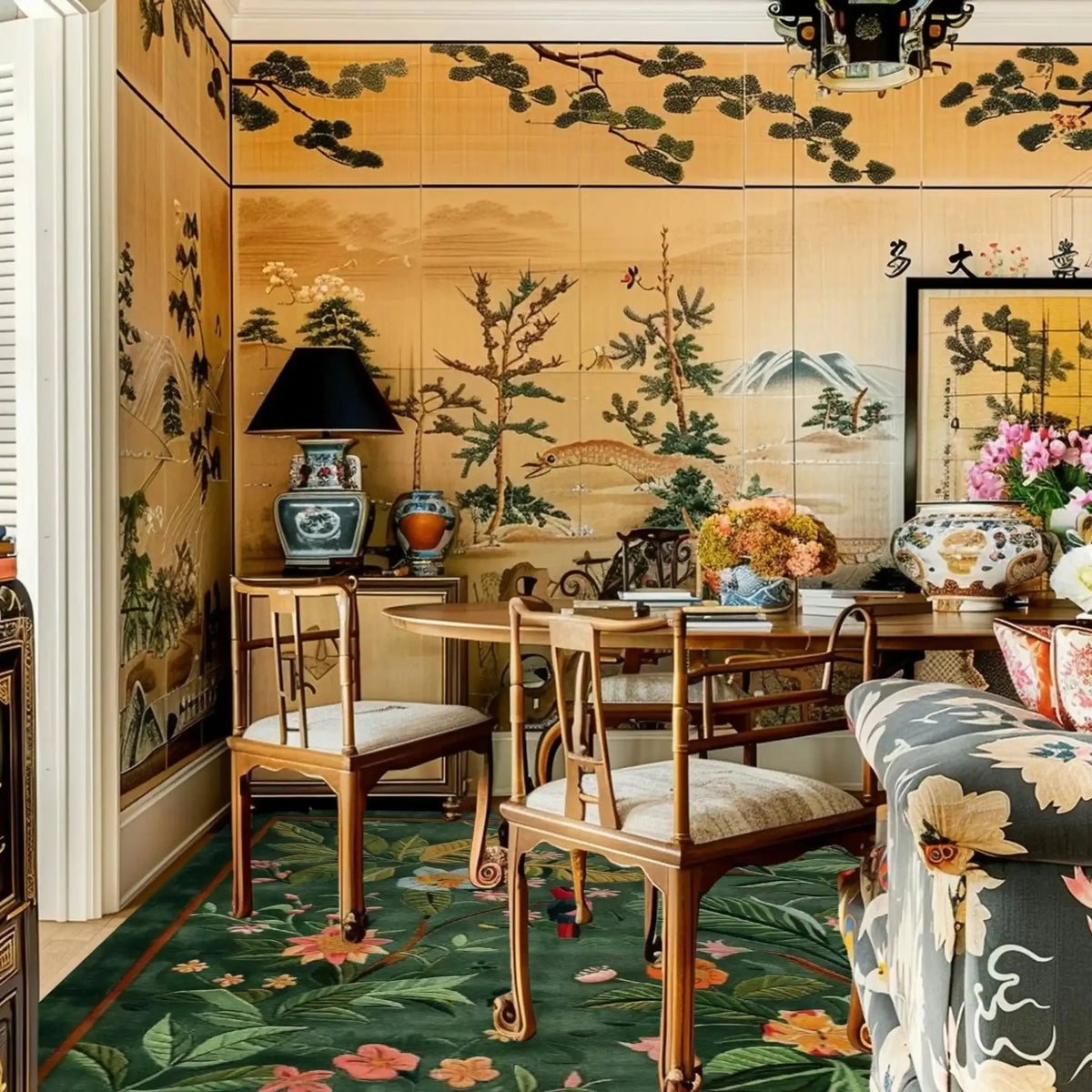 A beautifully decorated living room featuring the Emerald Garden Hand Tufted Rug. This elegant area rug, perfect for large living rooms, showcases a lush green background with vibrant floral patterns. The wool rug complements the room's warm, sophisticated decor, including wooden chairs and a decorative wall mural.