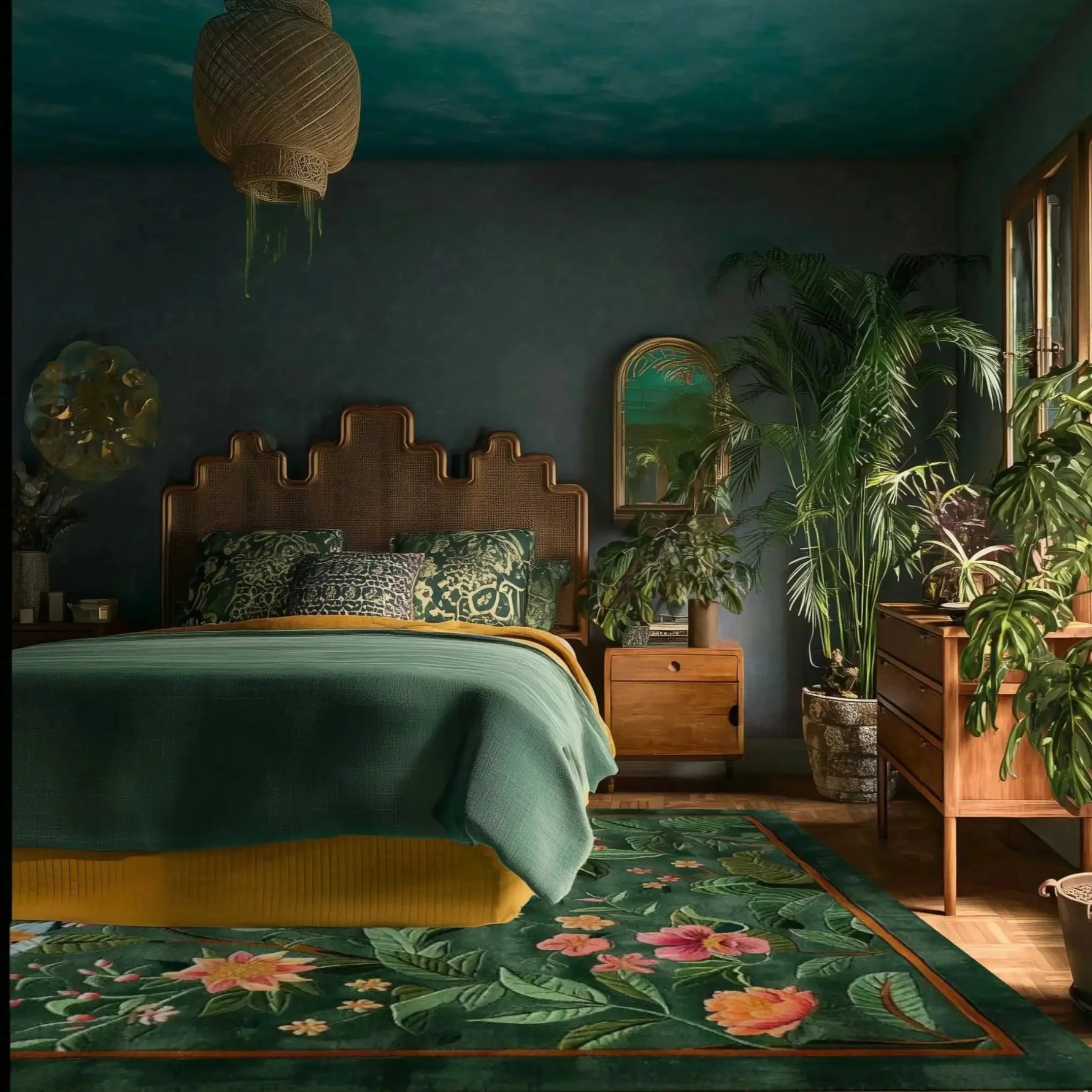 An inviting living room featuring the Emerald Garden Hand Tufted Area Rug, perfect for adding warmth and style. This wool rug showcases a beautiful floral design, ideal for large living rooms, enhancing the space with its vibrant colors and intricate patterns.