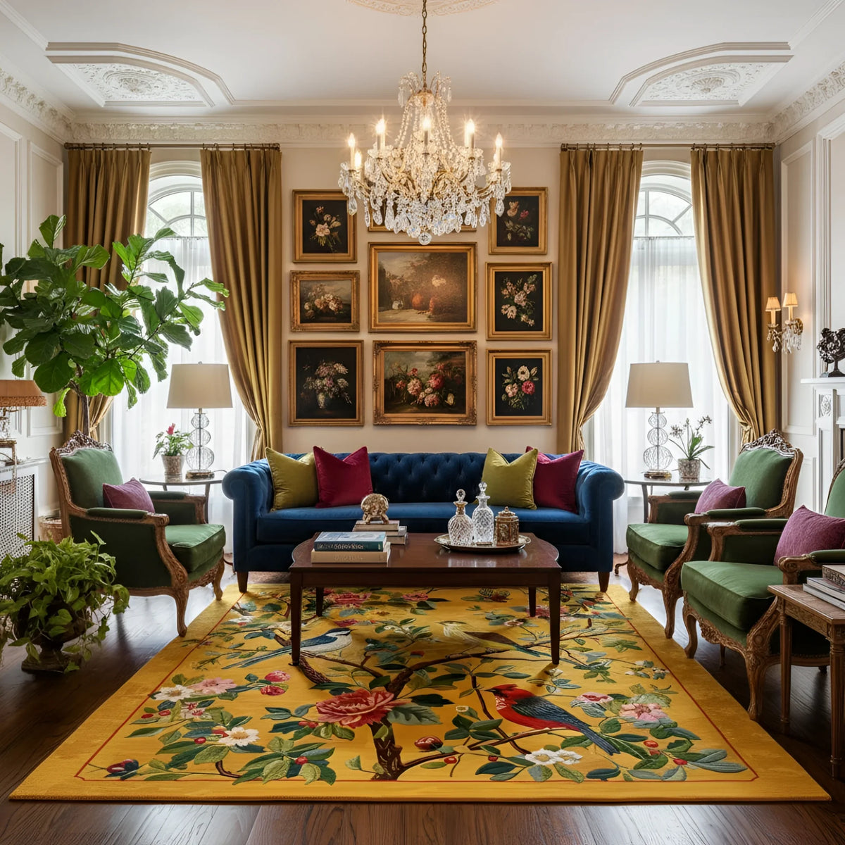 Luxurious living room with a blue sofa, colorful pillows, and a decorative rug.