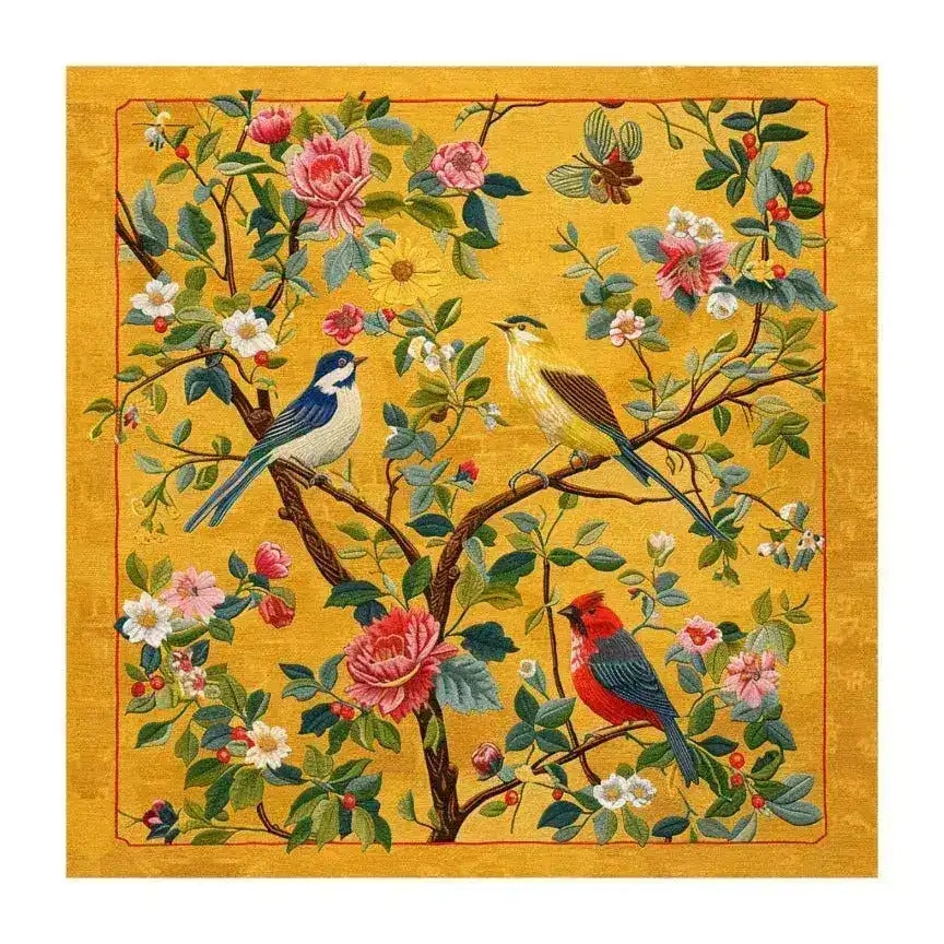 Vibrantly colored area rug, perfect for a large living room, featuring an intricate design of birds perched on blooming branches against a warm yellow background. This hand-tufted wool rug adds a touch of elegance and nature-inspired beauty to any living space.