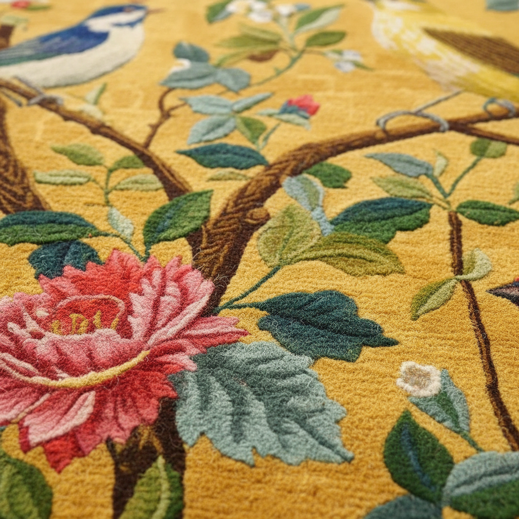 Close-up of tufted rug with floral and bird design on a yellow background