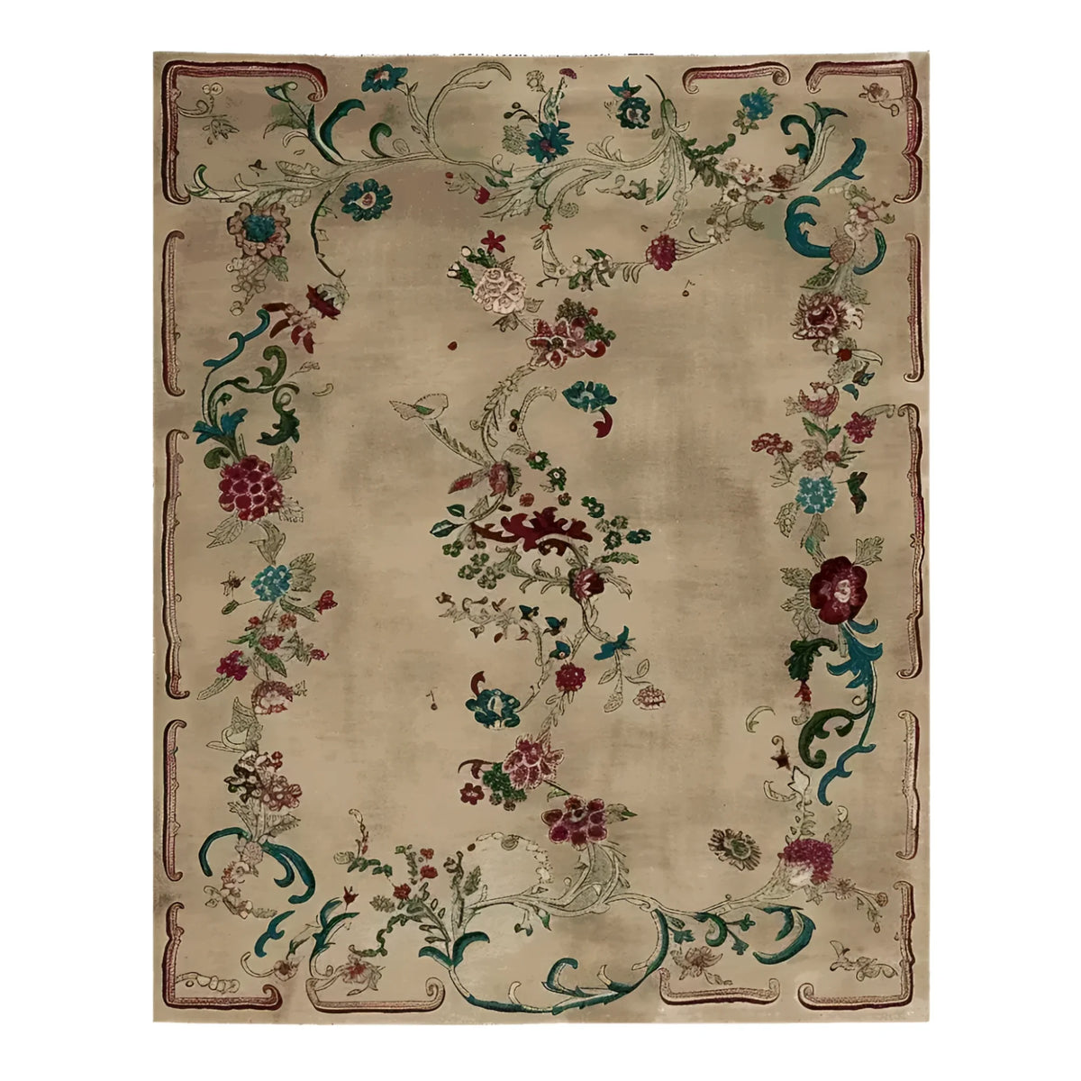 Empire Blossom Hand Knotted Area Rug featuring an intricate floral pattern in rich colors on a beige background. This wool rug is perfect for adding elegance to any living room, showcasing a beautiful blend of traditional and contemporary design, ideal for those seeking area rugs for living room.