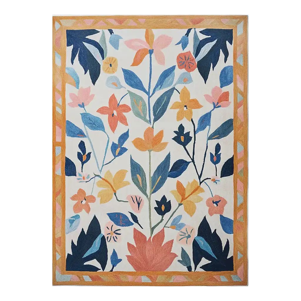 Top view of the Enchanted Blossom Hand Tufted Wool Rug showcasing a vibrant floral pattern with colorful leaves and flowers in shades of blue, orange, and pink, set against a neutral background. The area rug is bordered by a warm, decorative trim, enhancing its enchanting design.