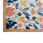 A vibrant hand-tufted wool area rug featuring an enchanting floral design with large red, blue, and yellow blossoms intertwined with green leaves. The border is accented with a geometric pattern, adding an artistic touch to this elegant decor piece.