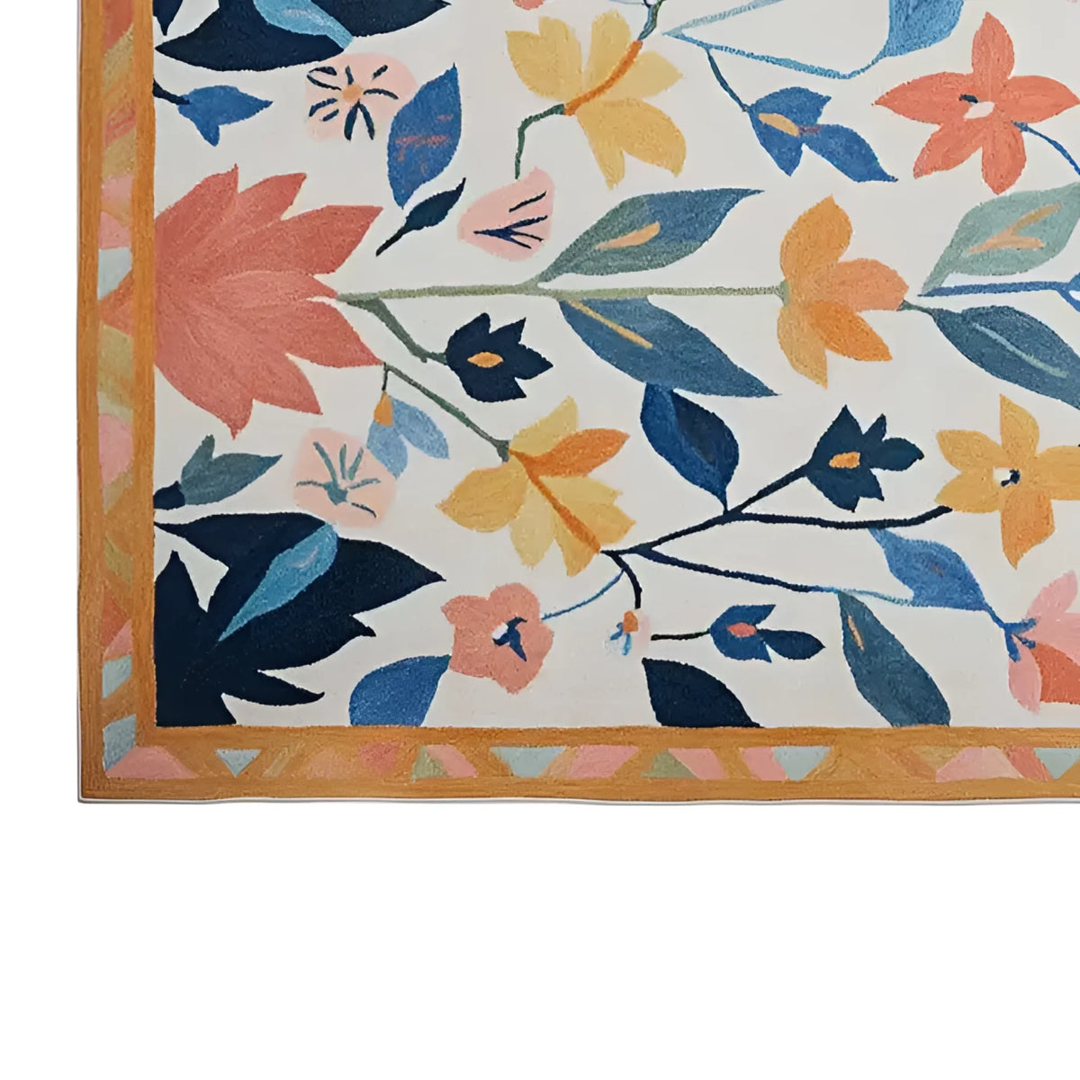A vibrant hand-tufted wool area rug featuring an enchanting floral design with large red, blue, and yellow blossoms intertwined with green leaves. The border is accented with a geometric pattern, adding an artistic touch to this elegant decor piece.