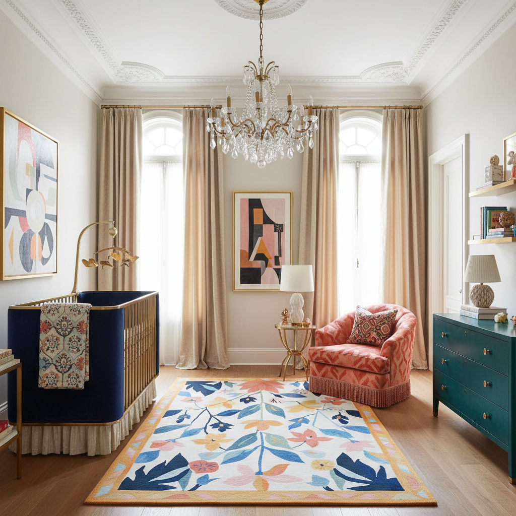 Luxurious nursery with a floral wool rug, blue crib, and pink chair.