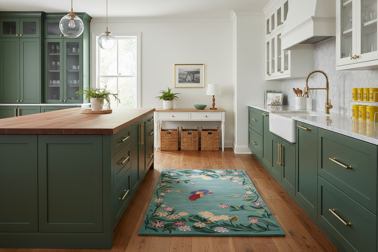 Modern kitchen with green cabinets, wooden island, and floral rug.
