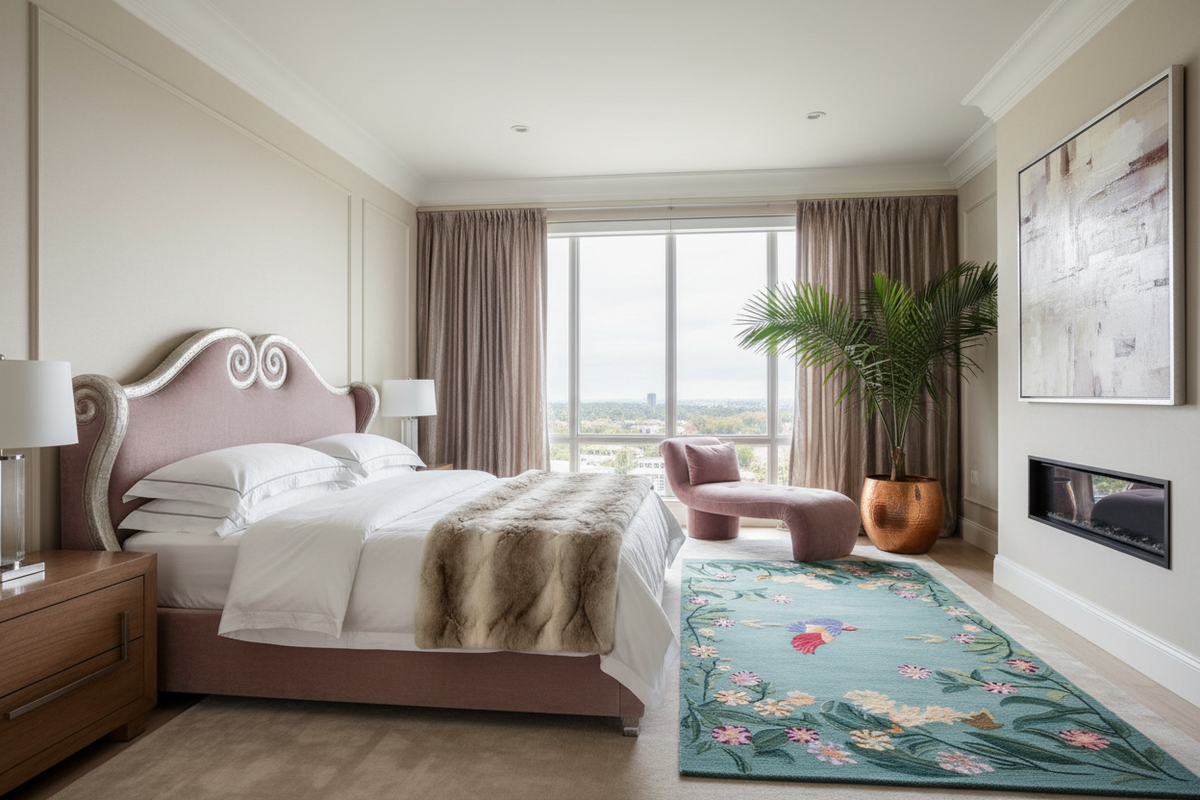 Modern bedroom with a large bed, floral rug, and large window.