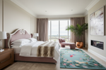 Modern bedroom with a large bed, floral rug, and large window.