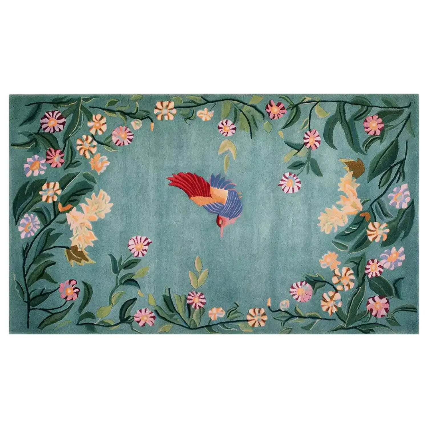 Vibrant area rug featuring a whimsical bird surrounded by colorful floral patterns on a soft blue-green background. The intricate design showcases a blend of nature-inspired elements in a knotted wool texture, perfect for adding a touch of enchantment to any room decor.