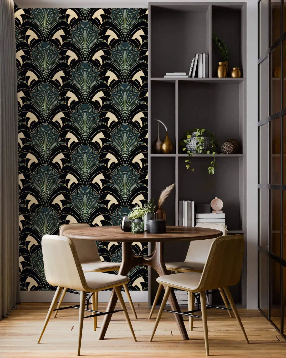 Enchanted Foliage art deco wallpaper behind round walnut table, beige chairs, grey shelving unit with plants