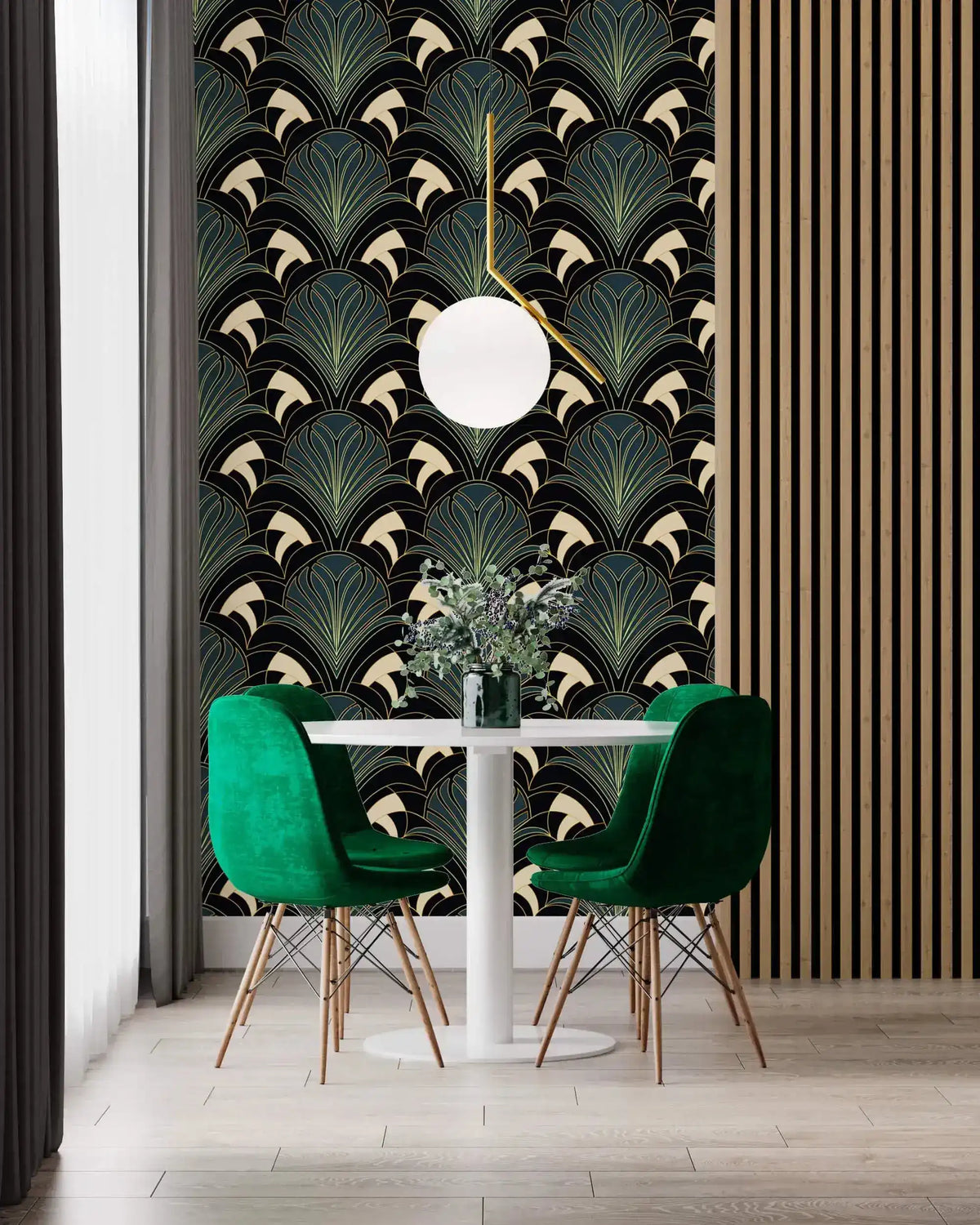 Enchanted Foliage art on accent wall behind white round table with emerald velvet chairs, wood slat panel