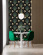 Enchanted Foliage art on accent wall behind white round table with emerald velvet chairs, wood slat panel