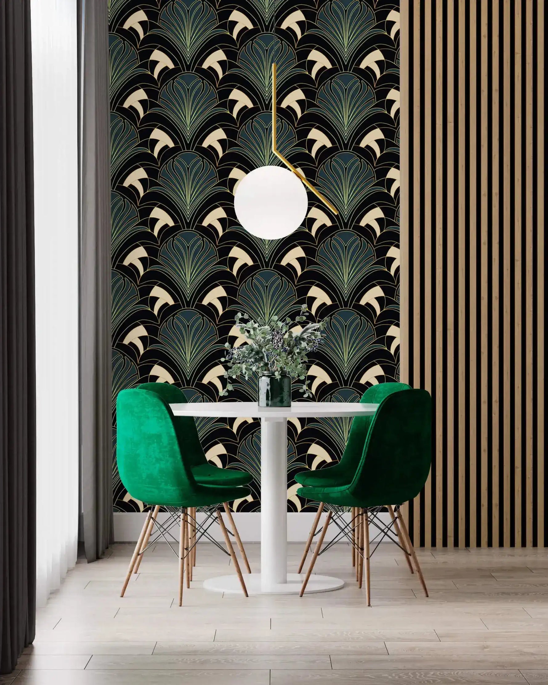 Enchanted Foliage art on accent wall behind white round table with emerald velvet chairs, wood slat panel