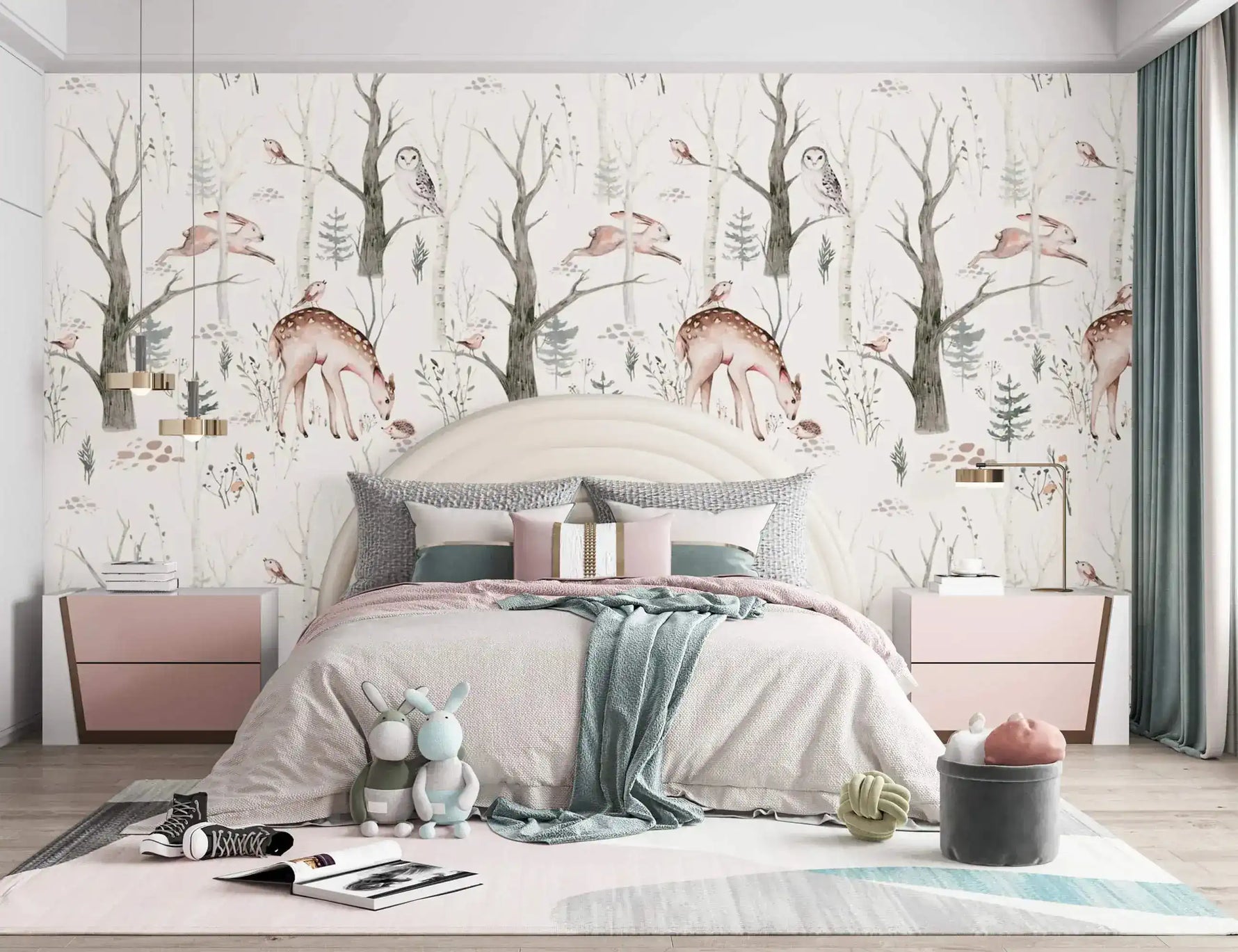 Enchanted Forest wallpaper with deer, owls and rabbits over a cream bed with teal throw