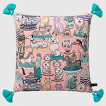 Colorful throw pillow featuring whimsical animal illustrations and decorative vases, perfect for home decor
