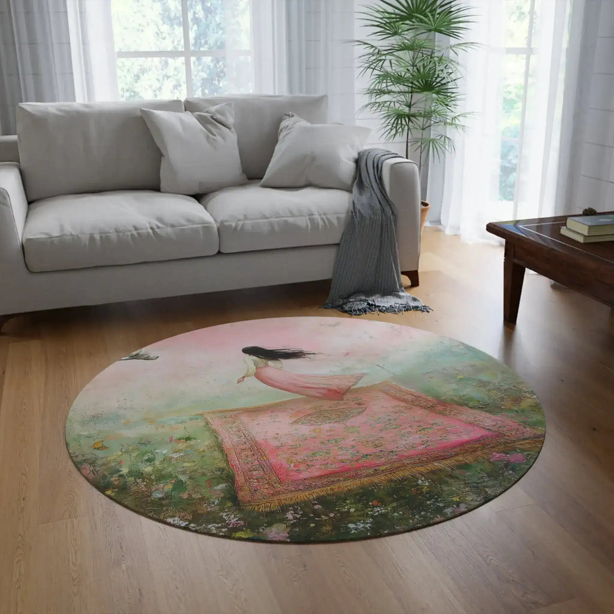 Abstract dark rug panel showing Enchanted Pink Floral design with moody dark silhouette in wide hat, green and gold brushstroke across eyes