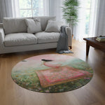 Abstract dark rug panel showing Enchanted Pink Floral design with moody dark silhouette in wide hat, green and gold brushstroke across eyes