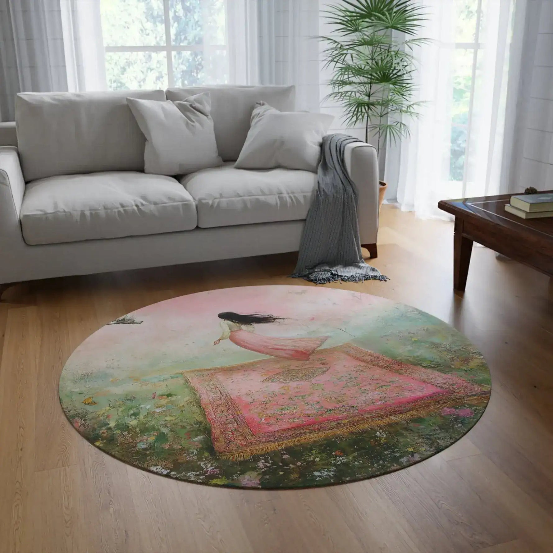 Abstract dark rug panel showing Enchanted Pink Floral design with moody dark silhouette in wide hat, green and gold brushstroke across eyes