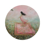 Enchanted Pink Floral Round Rug circular scene of woman in pink gown standing on ornate carpet in flower-filled meadow, dreamy pink sky