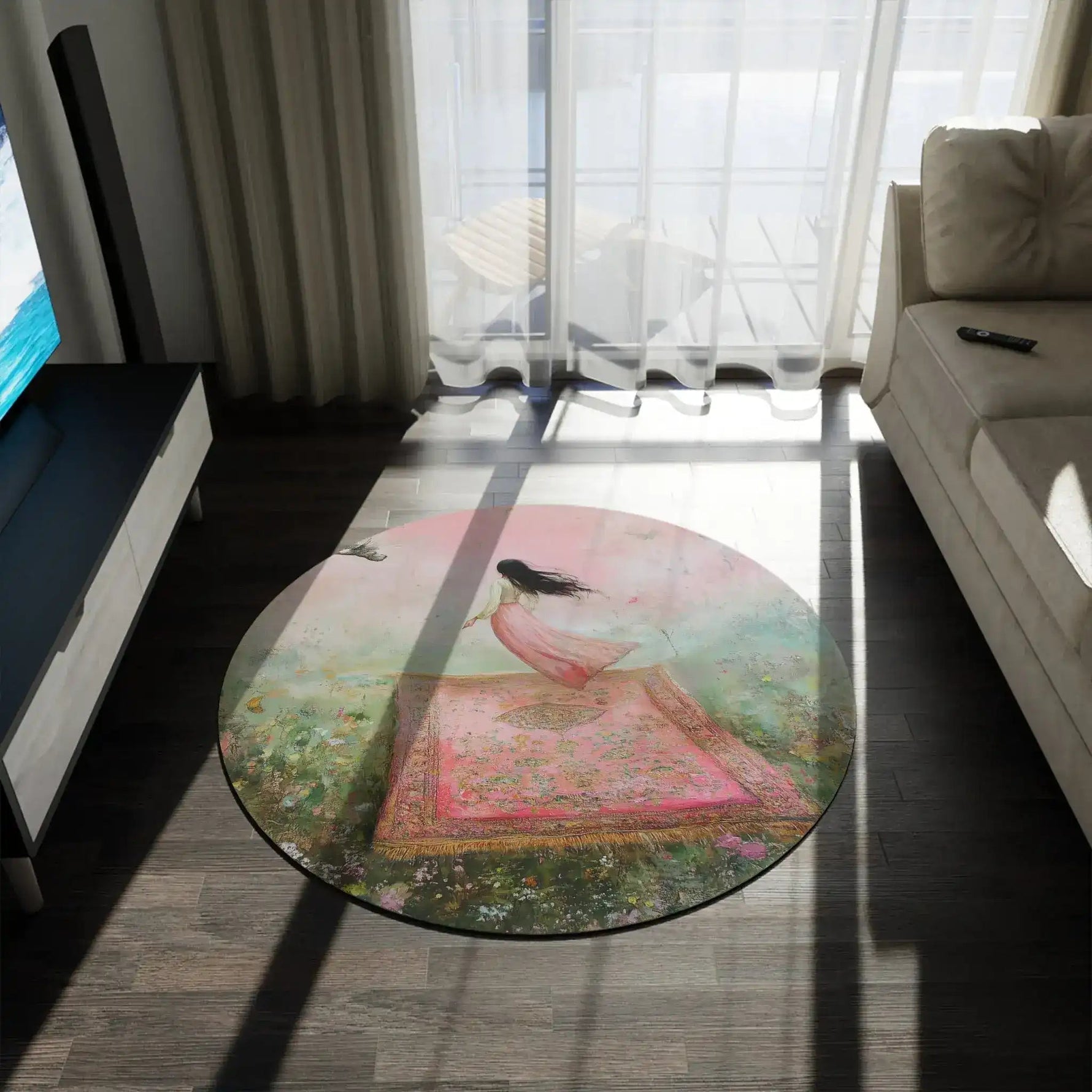 Enchanted Pink Floral Round Rug front view of dark abstract silhouette portrait, wide hat with green and amber stripe across eyes