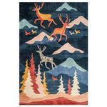Vibrant area rug featuring an enchanted winter scene with colorful deer and trees, perfect for adding warmth and character to any living room. This 8x10 hand-tufted wool rug showcases a stunning landscape design, ideal for those seeking a standout living room area rug.