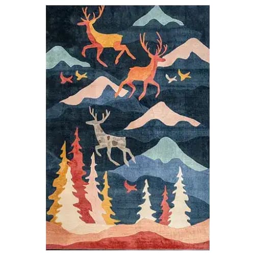 Vibrant area rug featuring an enchanted winter scene with colorful deer and trees, perfect for adding warmth and character to any living room. This 8x10 hand-tufted wool rug showcases a stunning landscape design, ideal for those seeking a standout living room area rug.