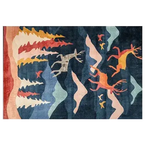 The Enchanted Winter Run Hand Tufted Rug features a vibrant abstract design with reindeer and flowing shapes in warm and cool tones. Perfect for adding a touch of artistry to your living room, this wool area rug measures 8x10 and provides a cozy, stylish foundation.