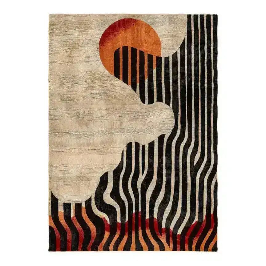 Vibrant Energy Pulse Tufted Wool Rug featuring bold abstract patterns in black, beige, and orange. Perfect area rug for adding a modern touch to your living room decor with its unique design, embodying an artistic flair perfect for area rugs for living room.